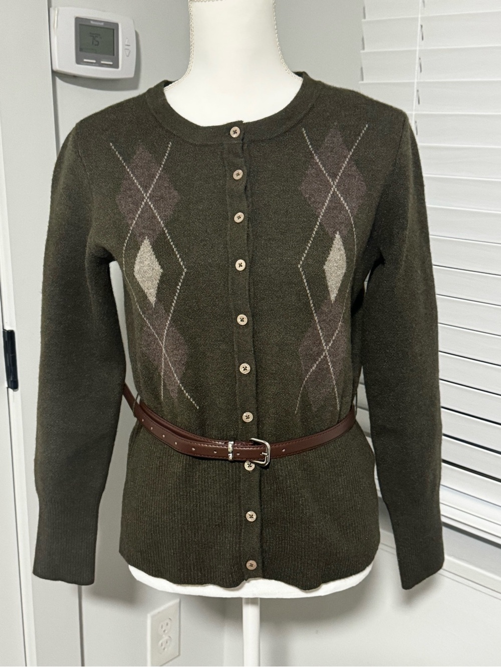 Zara Dark Olive Green Argyle Button-Front Cardigan